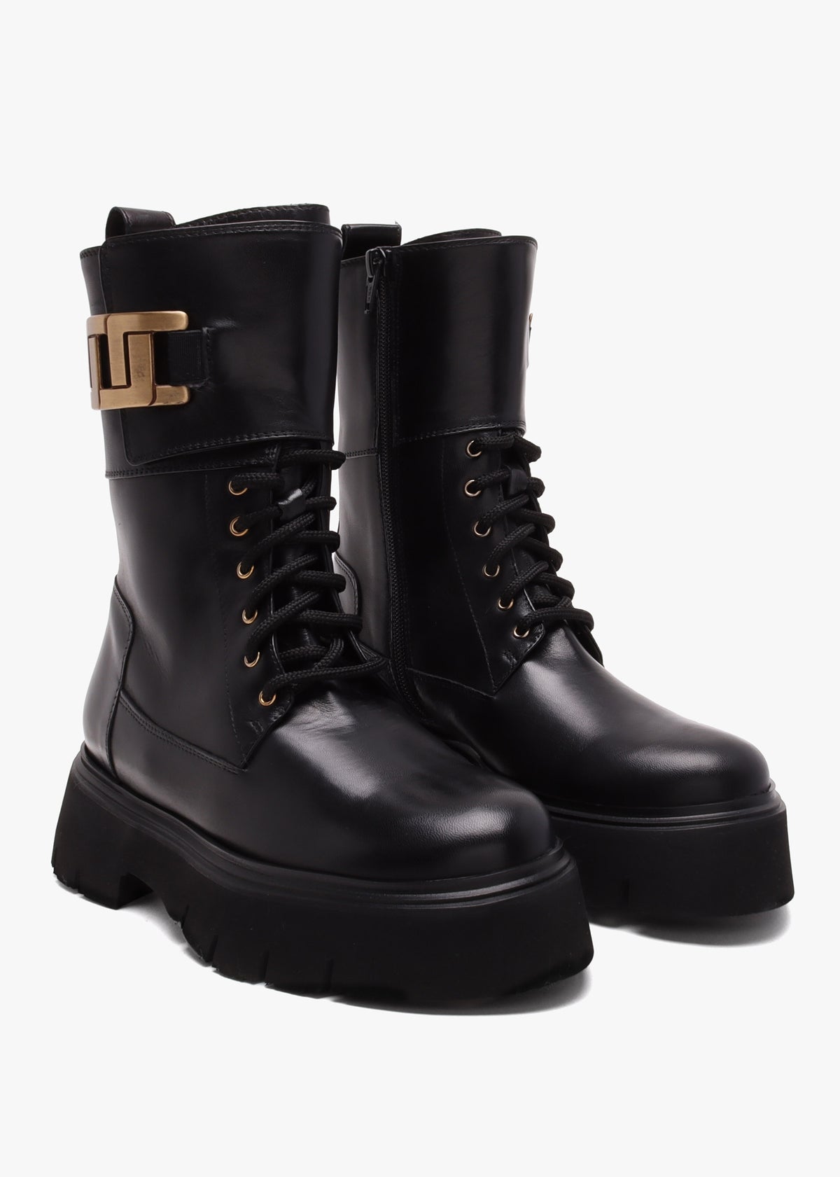 Black Leather Chunky Tall Biker Boots