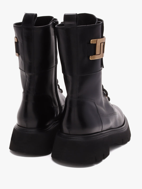 Black Leather Chunky Tall Biker Boots