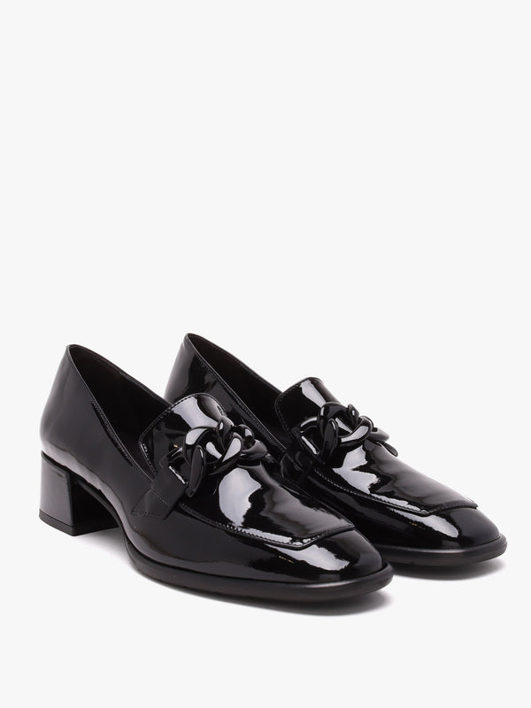 Black Patent Leather Block Heel Loafers