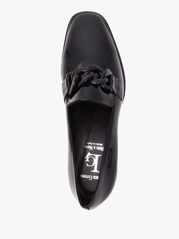 Black Patent Leather Block Heel Loafers