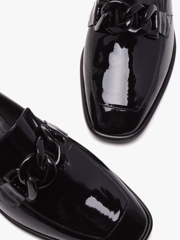 Black Patent Leather Block Heel Loafers