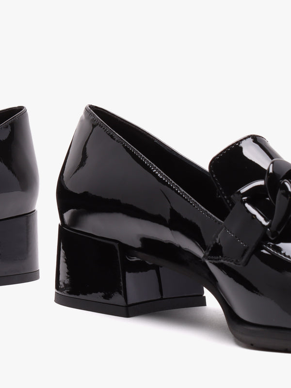 Black Patent Leather Block Heel Loafers