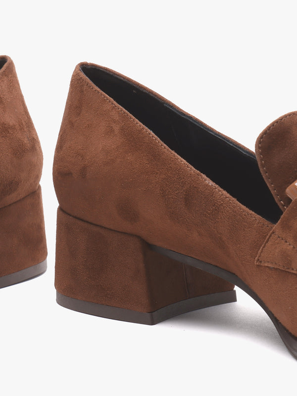 Tan Suede Block Heel Loafers