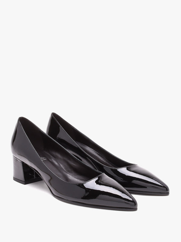 Black Patent Leather Block Heel Court Shoes