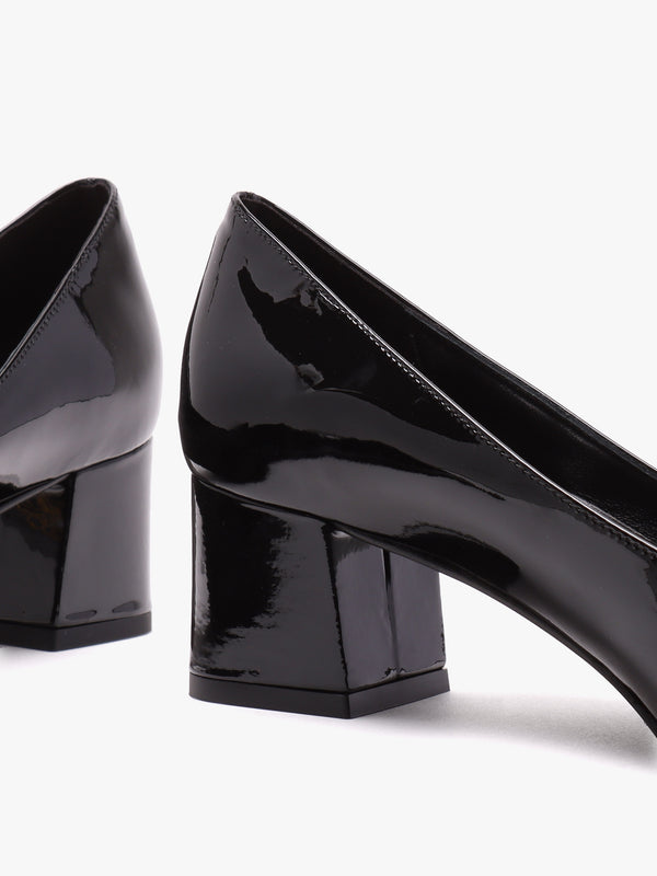 Black Patent Leather Block Heel Court Shoes