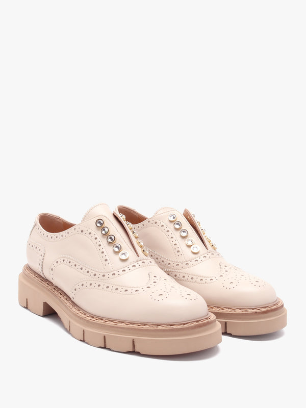 Cream Leather Embellished Laceless Brogues