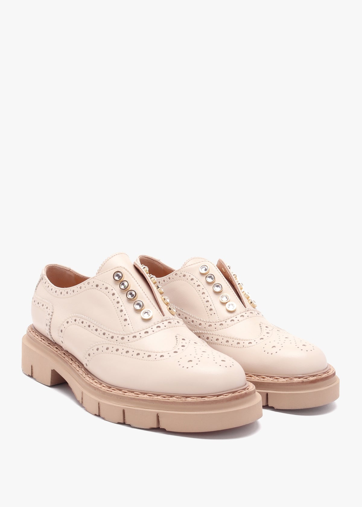 Cream Leather Embellished Laceless Brogues