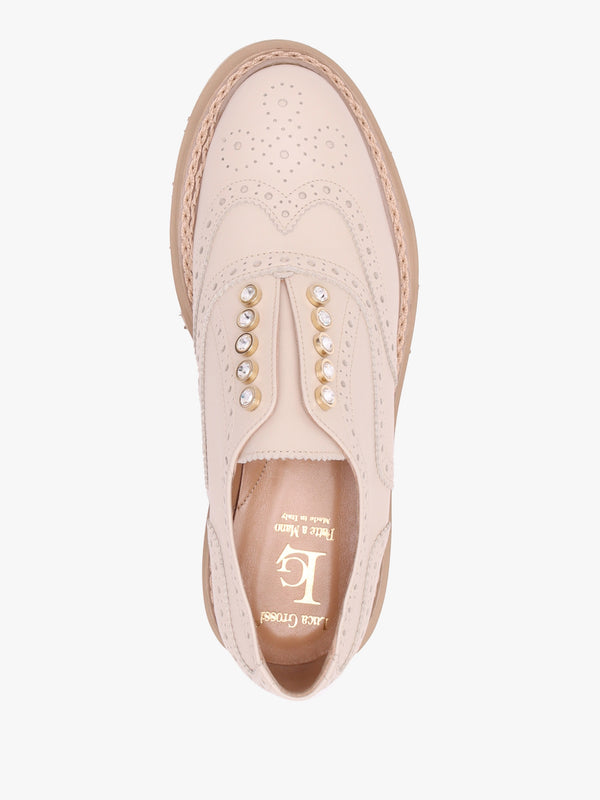 Cream Leather Embellished Laceless Brogues