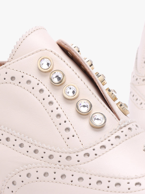 Cream Leather Embellished Laceless Brogues