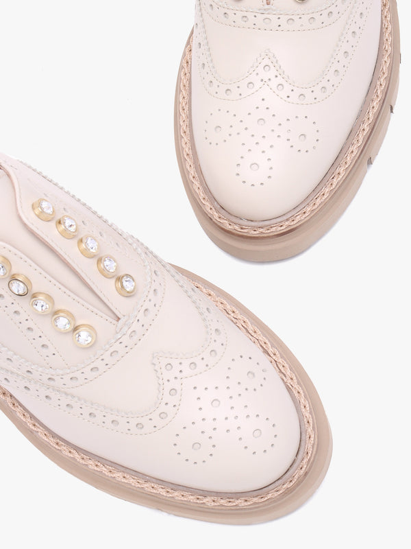 Cream Leather Embellished Laceless Brogues