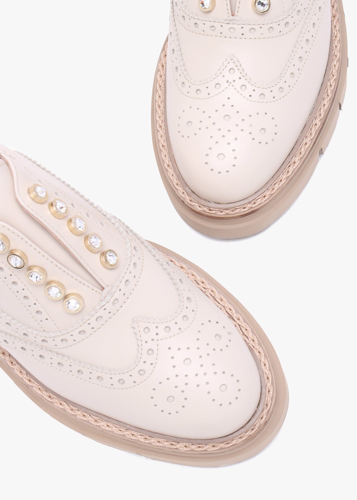 Cream Leather Embellished Laceless Brogues
