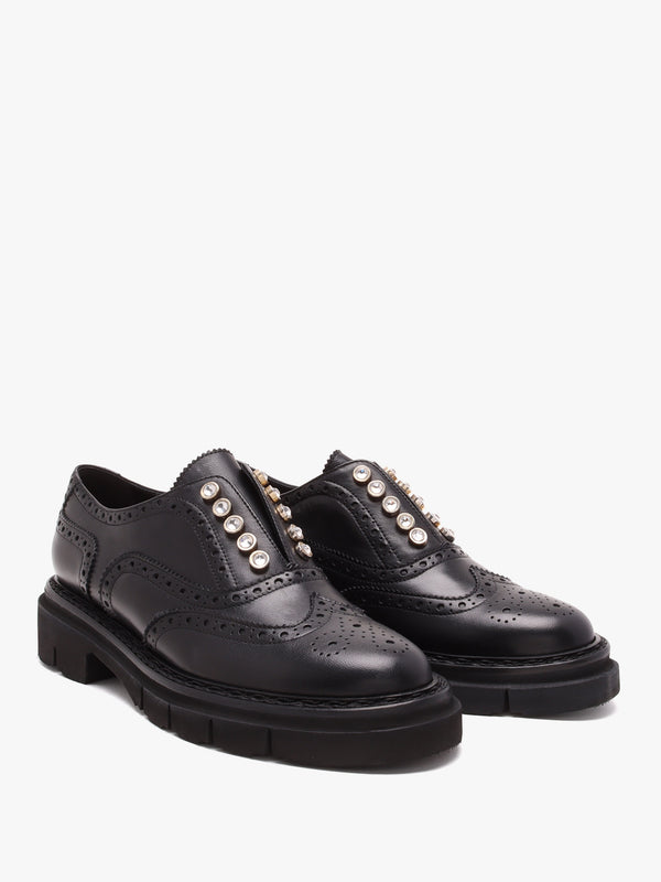 Black Leather Embellished Laceless Brogues