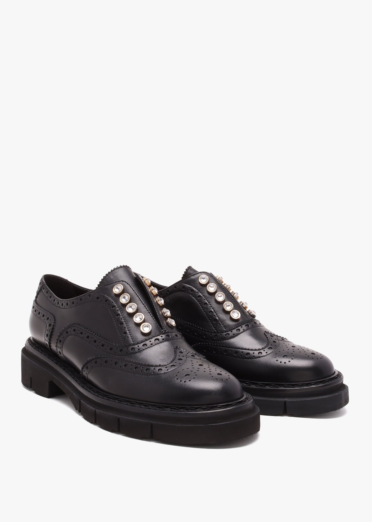 Black Leather Embellished Laceless Brogues