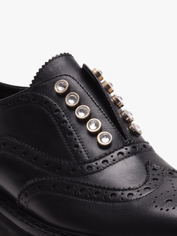 Black Leather Embellished Laceless Brogues