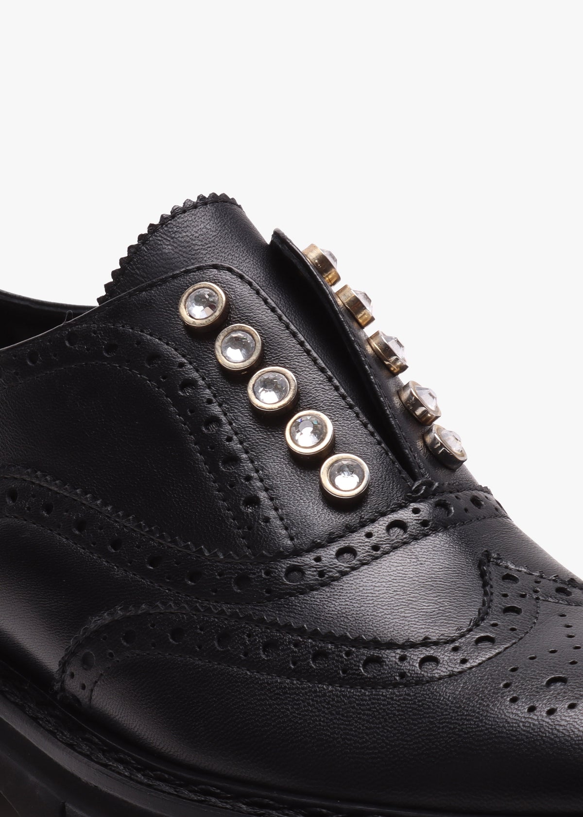 Black Leather Embellished Laceless Brogues