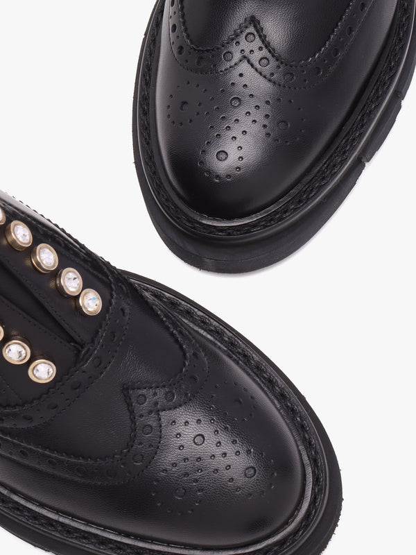 Black Leather Embellished Laceless Brogues