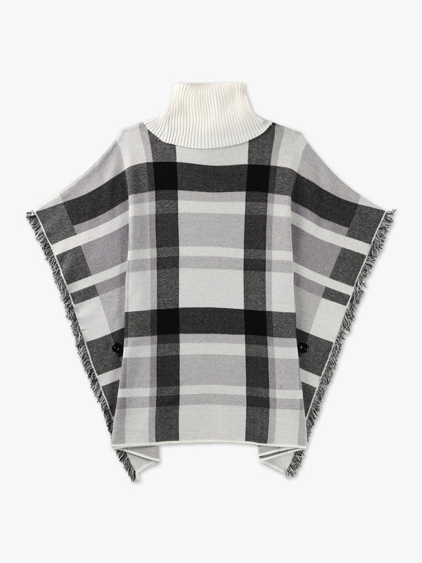 Black & White Knitted Checked Fringe Poncho