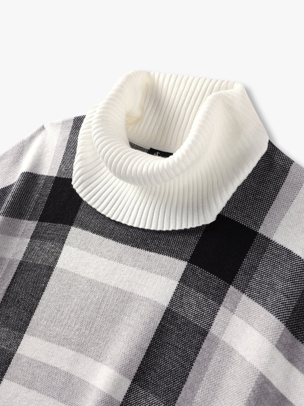 Black & White Knitted Checked Fringe Poncho