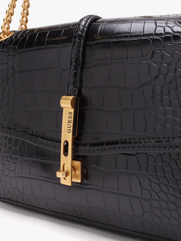 James Black Moc Croc Front Flap Cross-Body Bag
