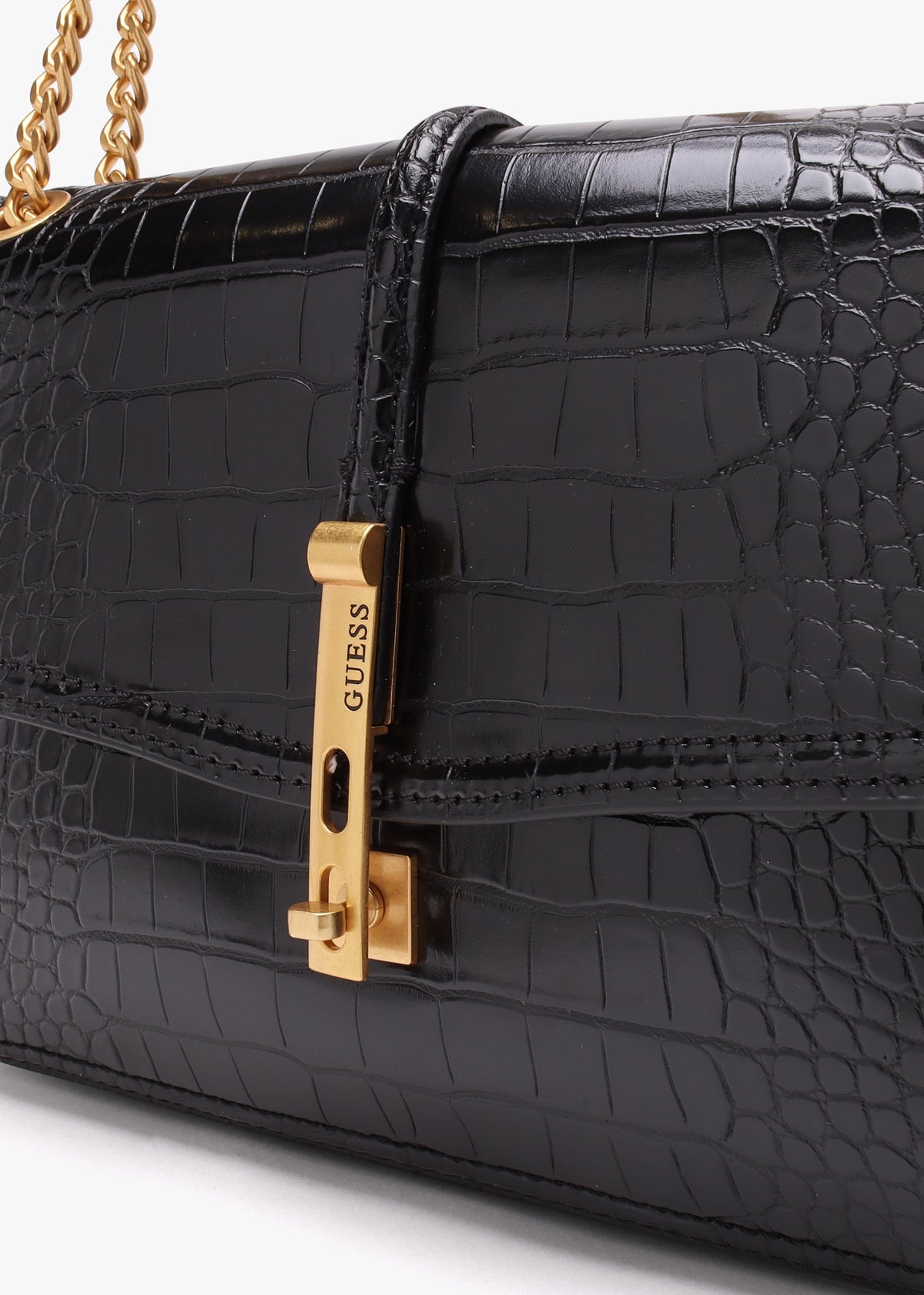 James Black Moc Croc Front Flap Cross-Body Bag