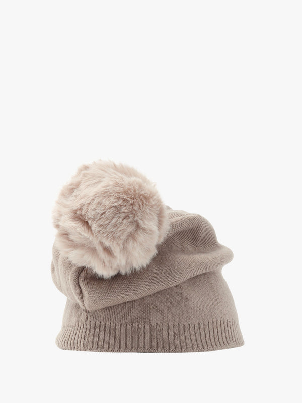 Beige Slouchy Knitted Pom Pom Hat