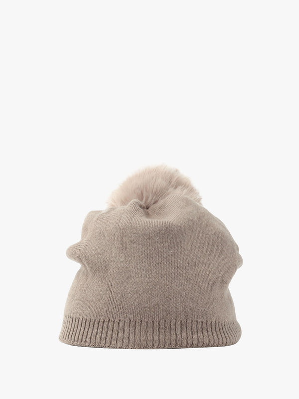 Beige Slouchy Knitted Pom Pom Hat