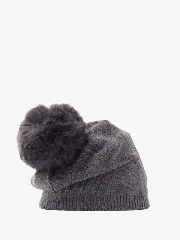 Grey Slouchy Knitted Pom Pom Hat