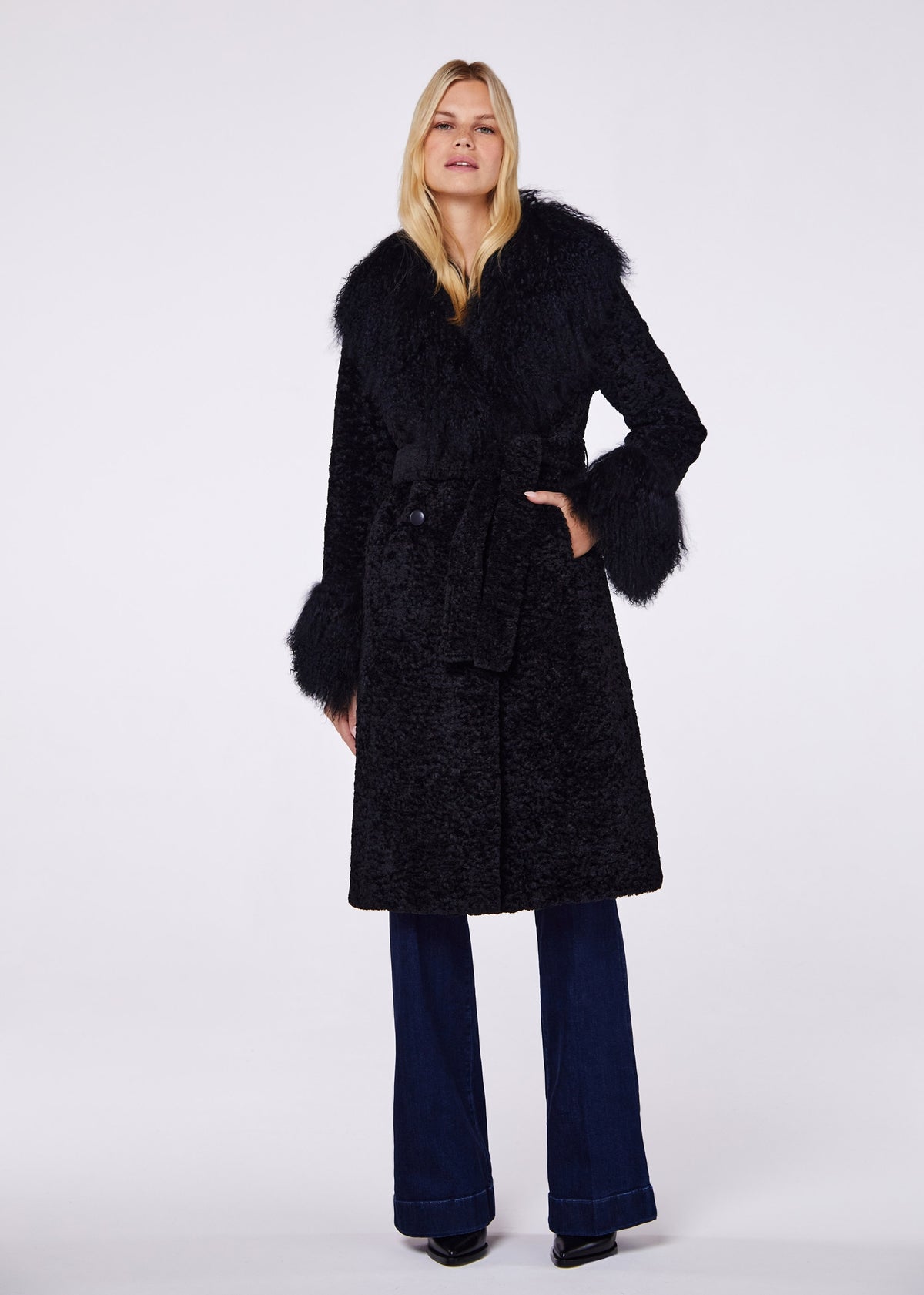 Penny 70’s Black Mongolian Lambswool Long-Line Coat