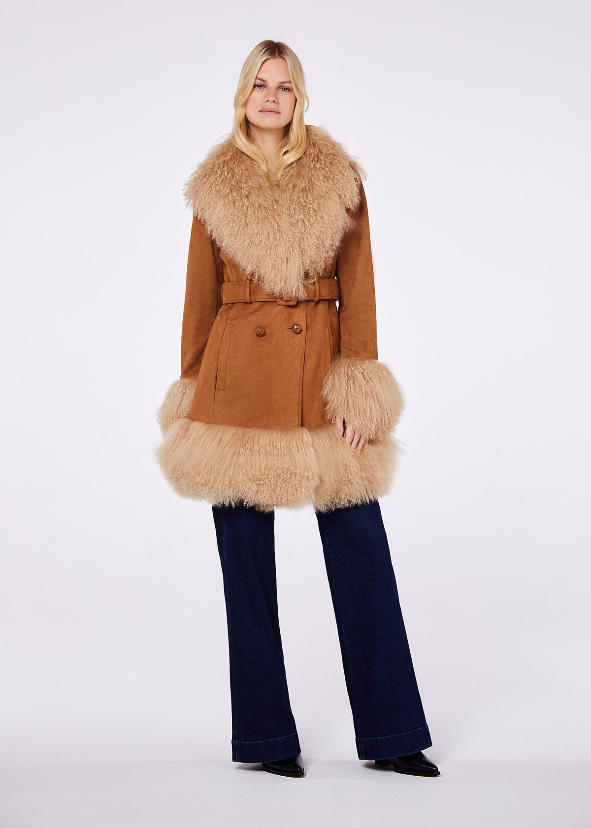 Daisy 70’s Tan Caramel Mongolian Lambswool Mid-Length Coat