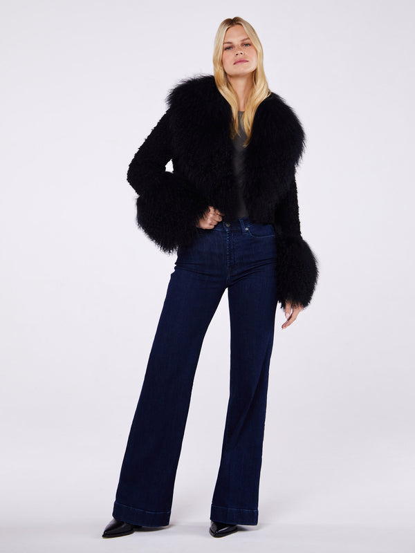 Mia Short Black Textured Wool Mongolian Lambswool Jacket