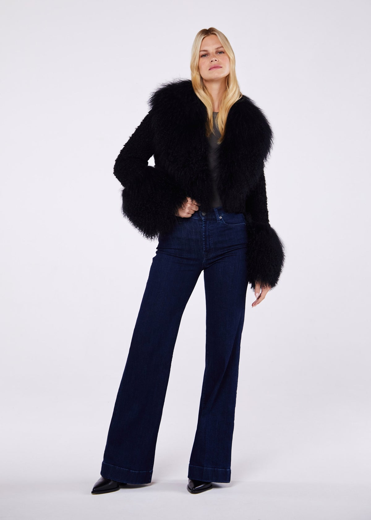 Mia Short Black Textured Wool Mongolian Lambswool Jacket