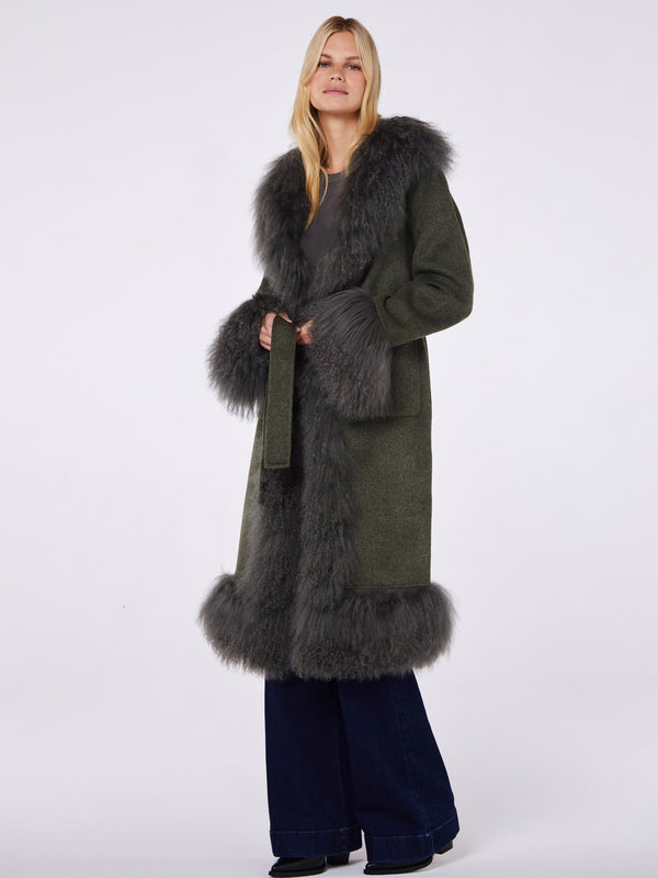 Harlow Khaki Flecked Wool Mongolian Lambswool Long-Line Coat