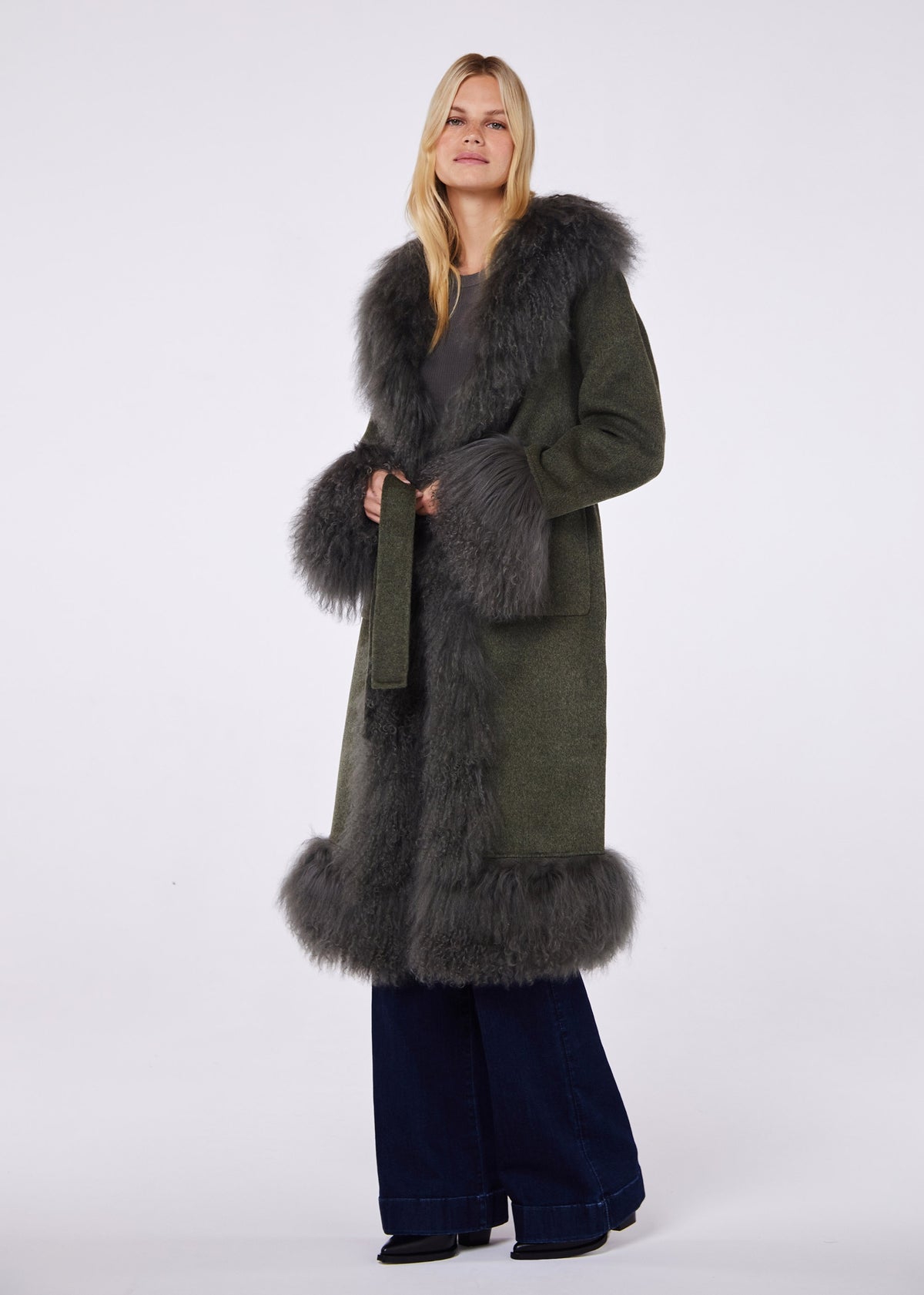 Harlow Khaki Flecked Wool Mongolian Lambswool Long-Line Coat