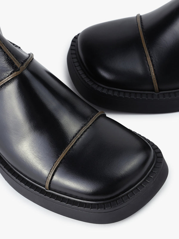 Dahlia Black Leather Square Toe Calf Boots