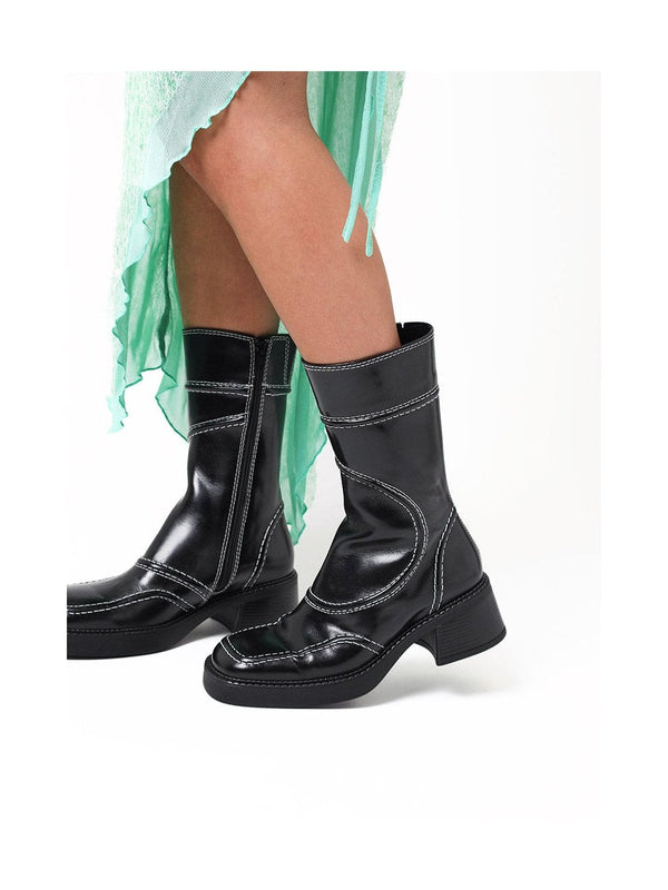Malene Black Leather Block Heel Calf Boots