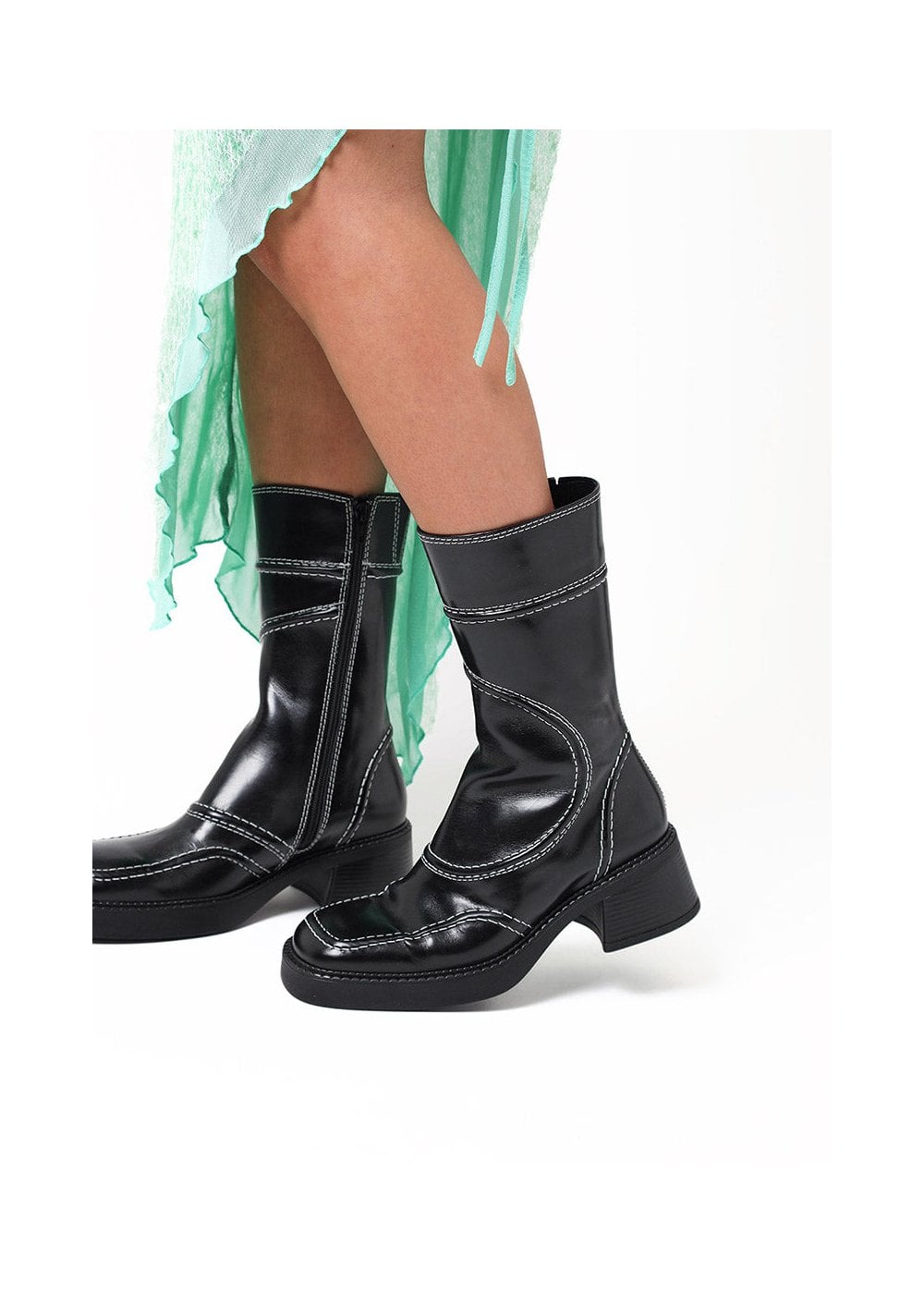Malene Black Leather Block Heel Calf Boots