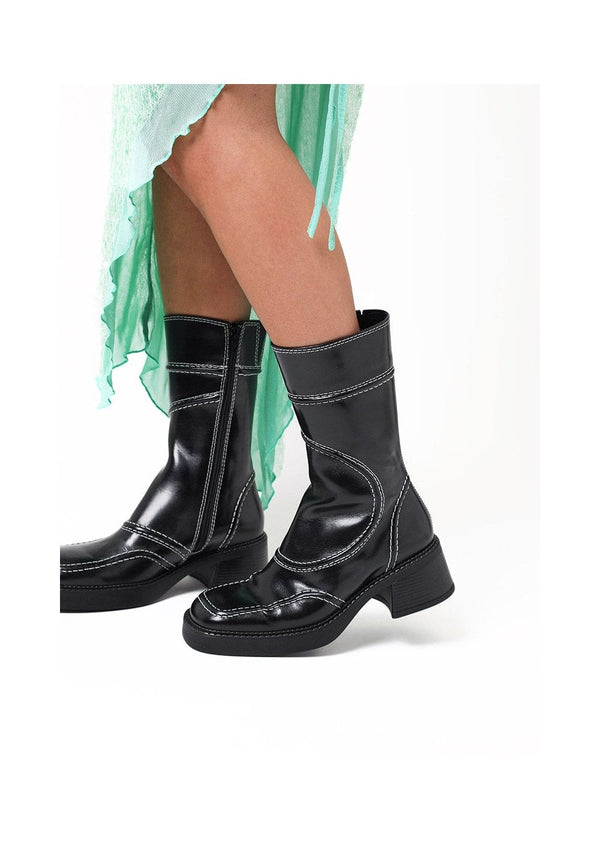 Malene Black Leather Block Heel Calf Boots