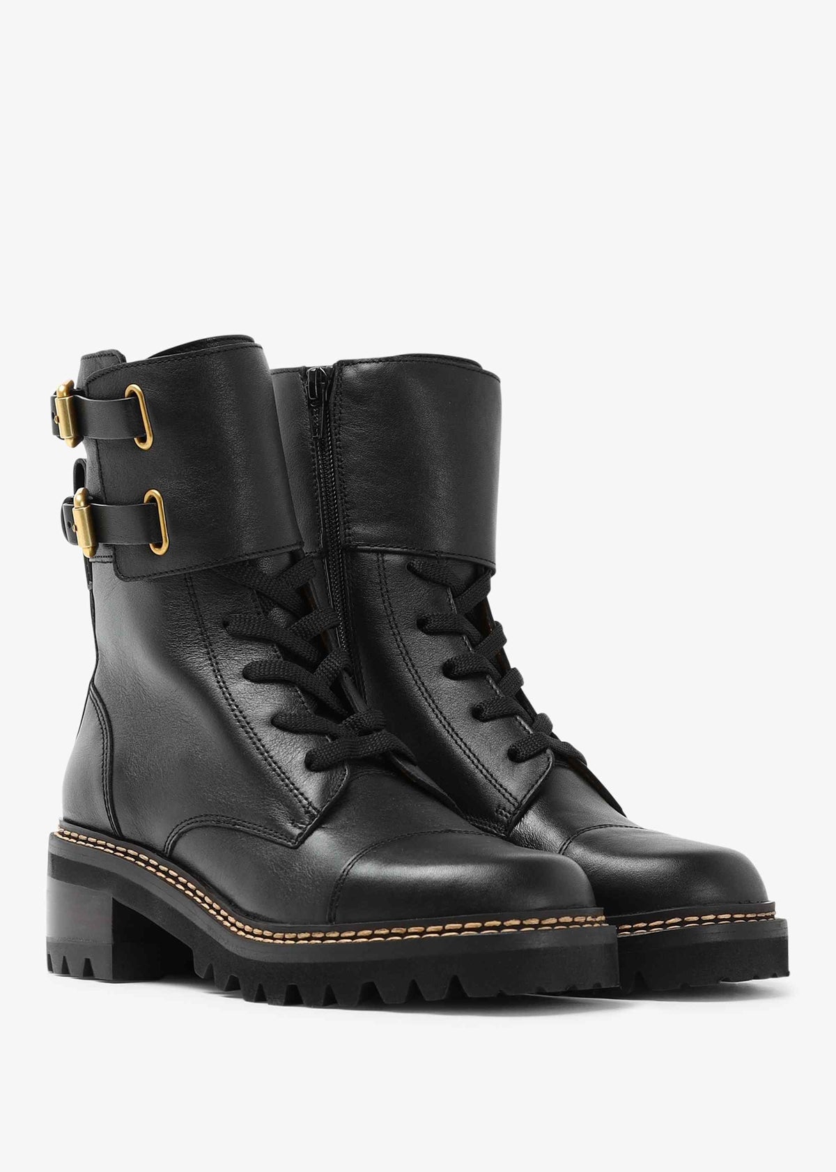 Mallory Black Leather Buckled Biker Boots