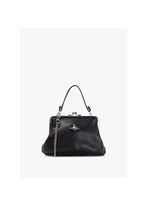 Granny Frame Black Lambs Leather Purse On A Chain