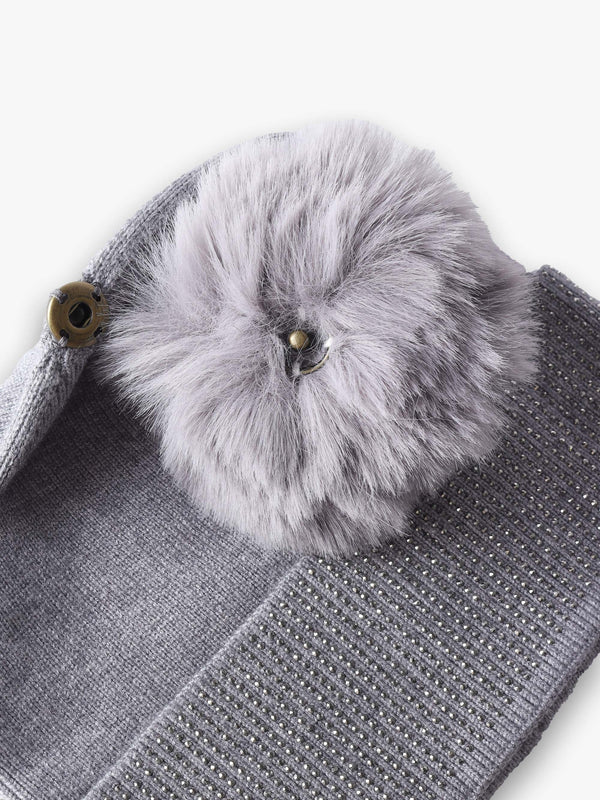 Grey Jewel Knitted Pom Pom Hat