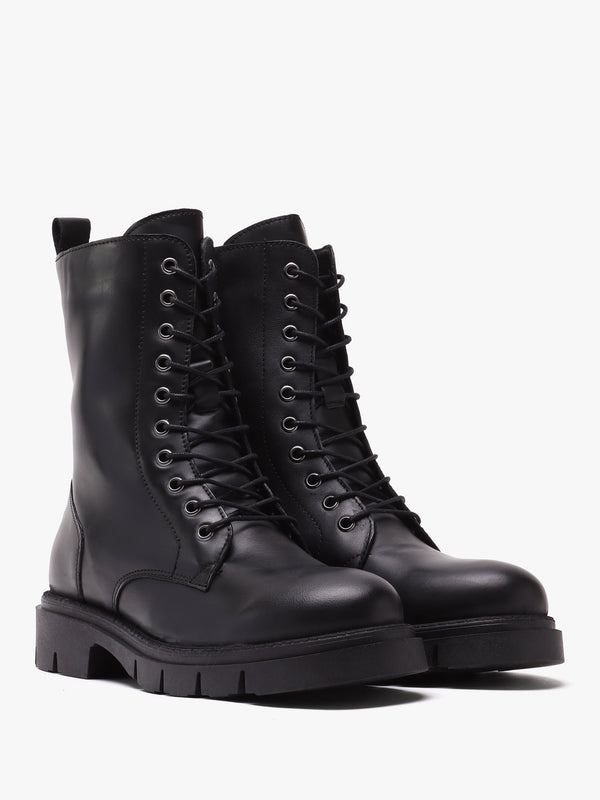 Lacie Black Leather Lace Up Ankle Boots