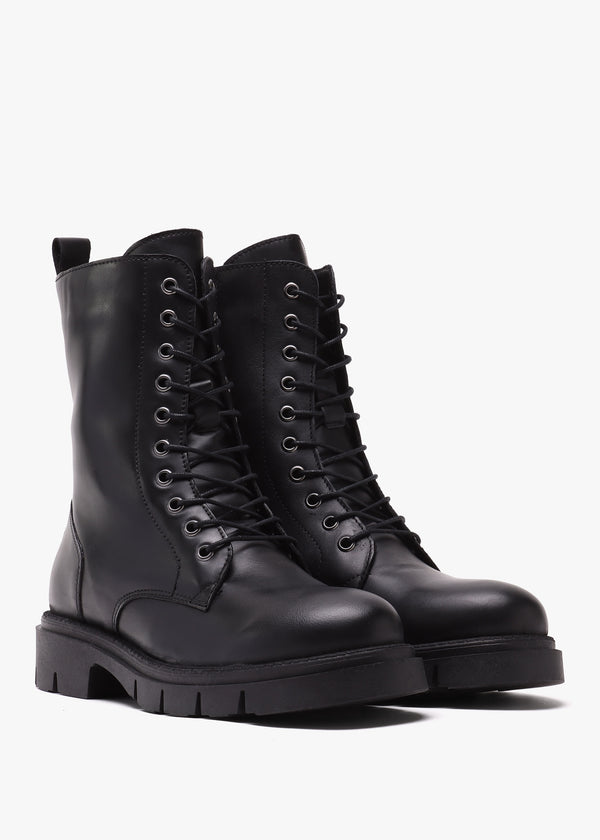 Lacie Black Leather Lace Up Ankle Boots
