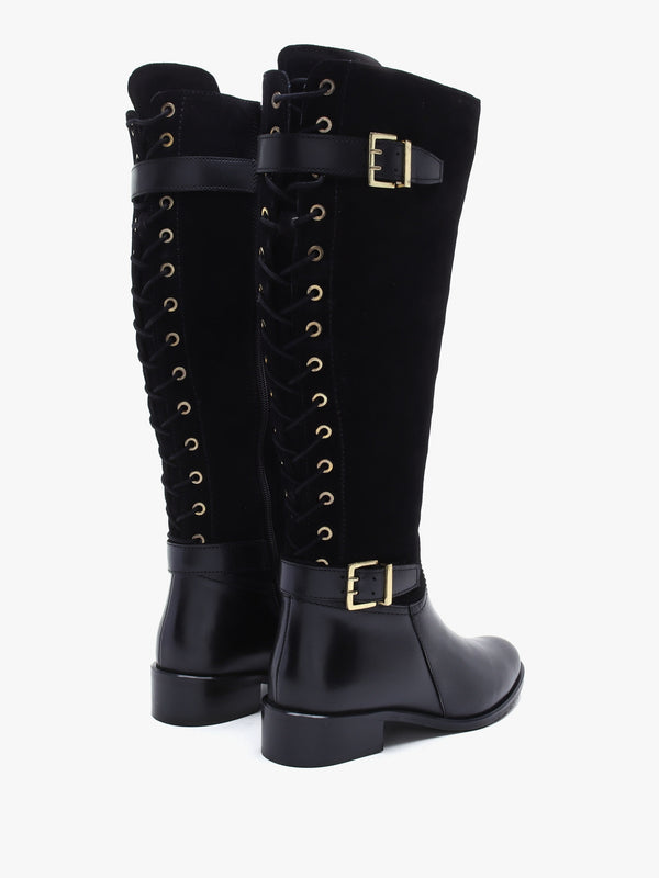 Slace Black Suede Lace Up Knee Boots