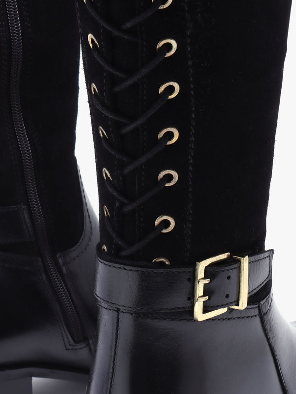 Slace Black Suede Lace Up Knee Boots