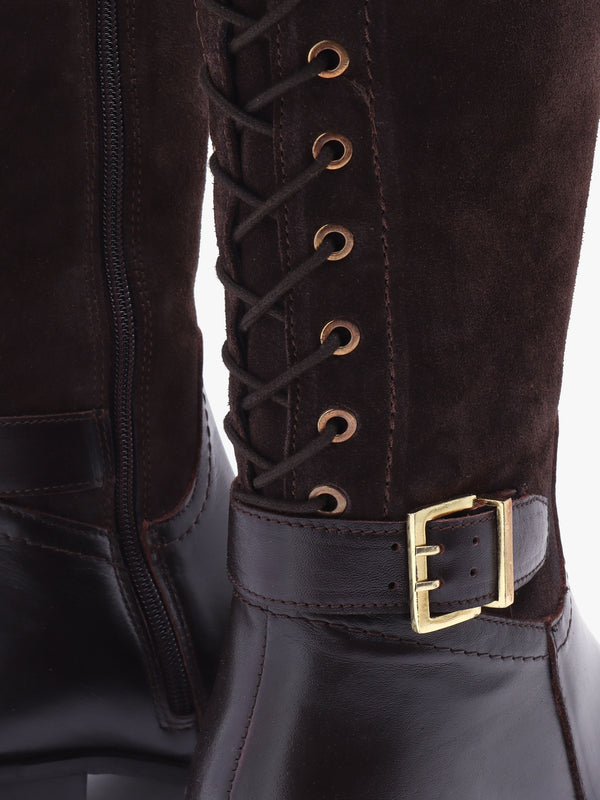 Slace Brown Suede Lace Up Knee Boots