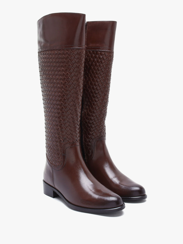 Solar Brown Leather Woven Knee Boots