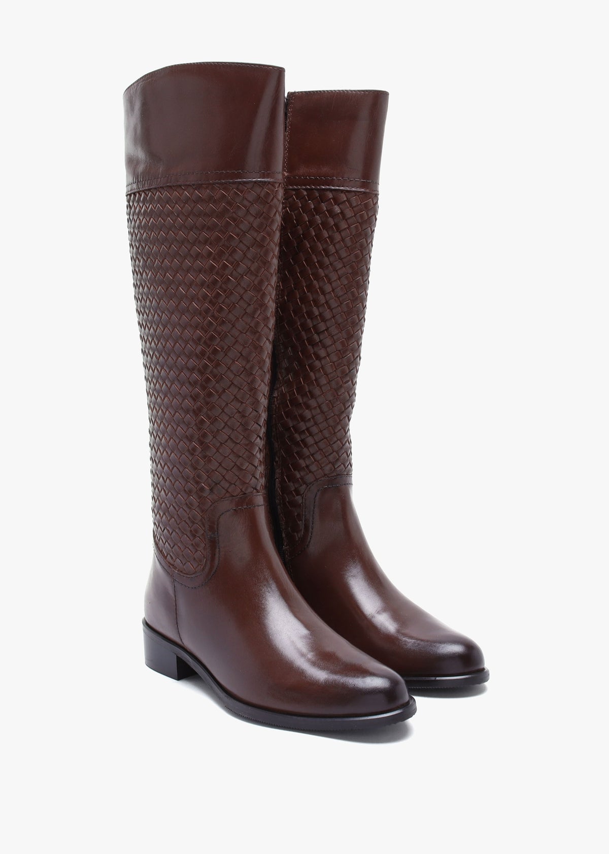 Solar Brown Leather Woven Knee Boots