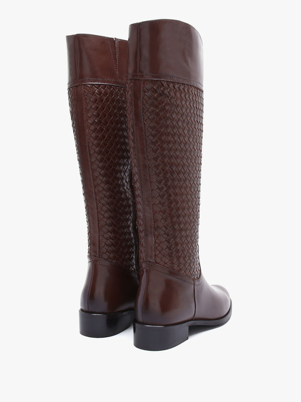 Solar Brown Leather Woven Knee Boots