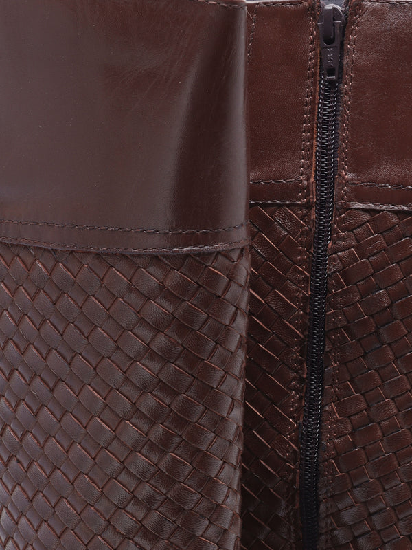 Solar Brown Leather Woven Knee Boots