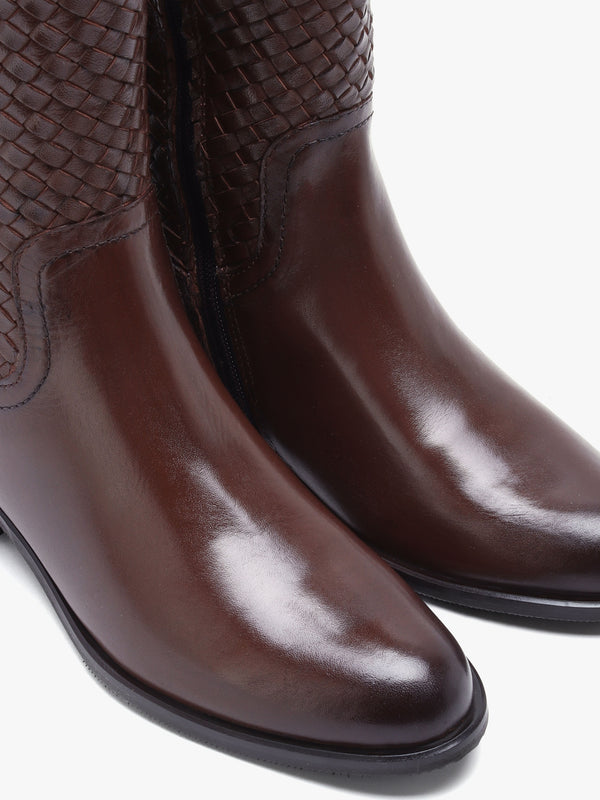 Solar Brown Leather Woven Knee Boots